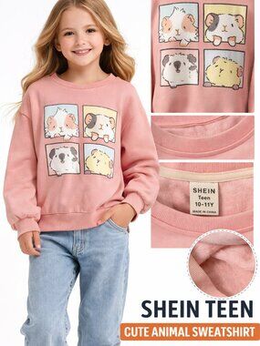 Cute Animal Sweatshirt Kids 10-11Y Pink Cozy Graphic Pullover Girls